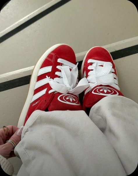 Red Campus 00s, Red Adidas Campus, Red Adidas Shoes, Campus Sneakers, Adidas Campus Shoes, Campus Shoes, Pretty Sneakers, Suede Outfit, Trendy Shoes Sneakers