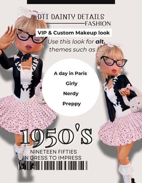 Dress to impress 1950s, 1950s dti, dti 1950s, #dtiyschallenge #dresstoimpress #roblox #dresstoimpressideas 1950s Dress To Impress, A Day In Paris, Glamour Dress, 1950s Dress, Fashion Details, Dress To Impress, Makeup Looks