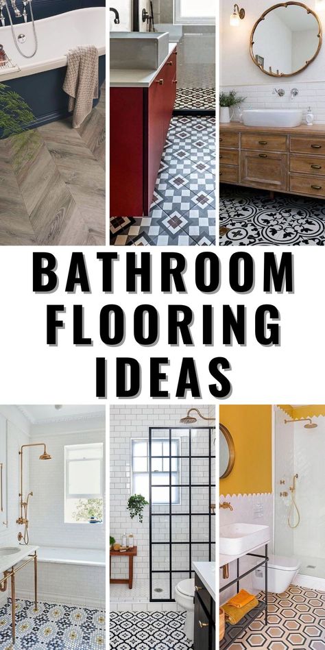 Transform your space with these bathroom flooring ideas using waterproof vinyl planks or vinyl sheets. Whether you're designing a master bath or a small space on a budget, peel and stick tiles offer a DIY solution. Black and white tiles, along with wood finishes, bring a farmhouse or vintage style to your bathroom. Peel And Stick Floor Tile Bathroom, Small Bathroom Flooring Ideas, Vinyl Tile Flooring Bathroom, Luxury Vinyl Sheet Flooring, Geometric Tile Floor, Geometric Floor Tiles, Flooring On Walls, Bathroom Flooring Ideas, Vinyl Flooring Bathroom