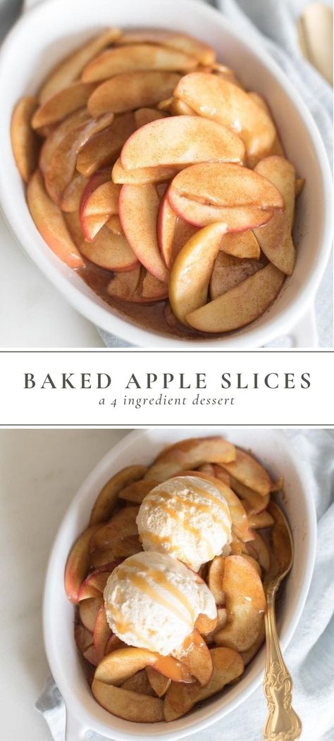 Easy Baked Apple Slices, a 4 ingredient dessert, side dish, or breakfast. This Baked Apple Slices recipe is a delicious way to enjoy your apple-picking bounty. with fresh apples, butter, cinnamon and sugar served warm and tender for a memorable fall dish! #apples #bakedapples #slowcookerrecipe #dessert #appledessert #easyrecipe #fallrecipe 4 Ingredient Desserts, Baked Apple Slices, Apple Slice Recipe, Easy Baked Apples, Best Easy Dessert Recipes, Baked Apple Dessert, Baked Apple Recipes, Butter Cinnamon, Apple Recipes Easy