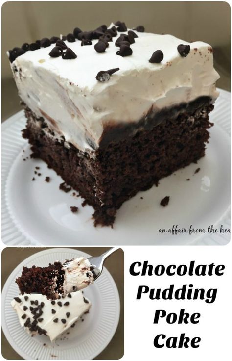 Poke Cake Pudding, Pudding Cool Whip Frosting, Chocolate Pudding Poke Cake, Whip Frosting, Cool Whip Frosting, Chocolate Pudding Desserts, Pudding Poke Cake, Devil's Food Cake, Chocolate Pudding Cake