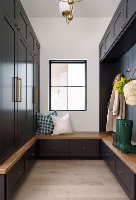 Entryway Photos, Transitional Mudroom, Blue Console Table, Transitional Entry, Austin Interior Design, Rough Hewn Wood, Grey Accent Wall, Mudroom Ideas, House Redesign