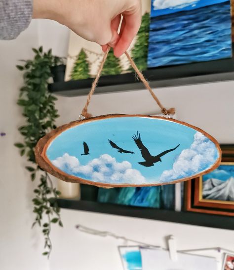 Painting On Wooden Piece, Acrylic Painting On Wood Ideas, Wood Acrylic Painting, Wood Painting Ideas Acrylic, Drawing On Wood Ideas, Art On Wood Painting, Drawing On Wood, Clouds Acrylic, Morden Art