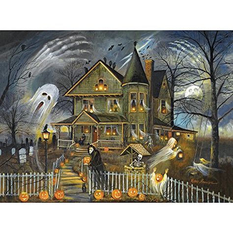 Painted Haunted House, Halloween Jigsaw Puzzles, Halloween Pumpkin Diy, Larger Piece Jigsaw Puzzles, Rhinestone Halloween, Halloween Jack O Lanterns, Witch House, Halloween Haunted Houses, Cross Paintings