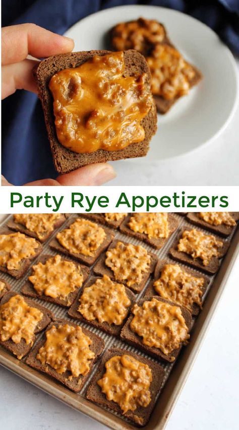 Party Pizza Appetizers, Pizza Bread Appetizer, Rye Bread Pizza Squares, Pizza Snacks For Party, Rye Sausage Squares, Pizza Rye Recipe, Snacks Make Ahead, Pizza Appetizers Appetizer Ideas, Appetizer For Small Group