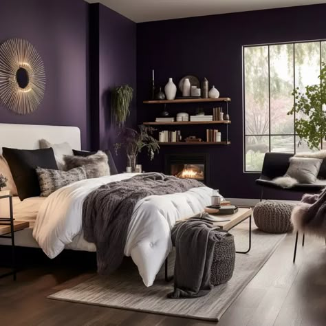 warm bedroom with dark purple walls Purple Hue Aesthetic, Purple Accent Wall Bedroom Ideas, Purple And Cream Bedroom Ideas, Dark Purple Room Paint, Plum And White Bedroom, Aubergine Walls Bedroom, Plum Wall Color Bedroom, Dark Purple And White Bedroom, Purple Bedroom For Adults