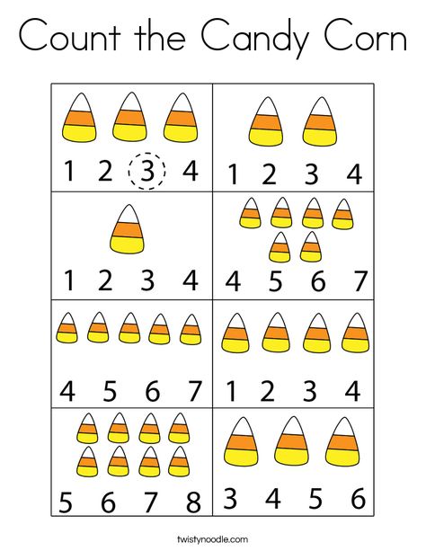 Halloween Math Activities Kindergarten, Corn Coloring Page, November Preschool Themes, Candy Math, Tracing Font, Halloween Activity Sheets, Community Helpers Preschool Activities, Halloween Counting, Candy Corn Crafts