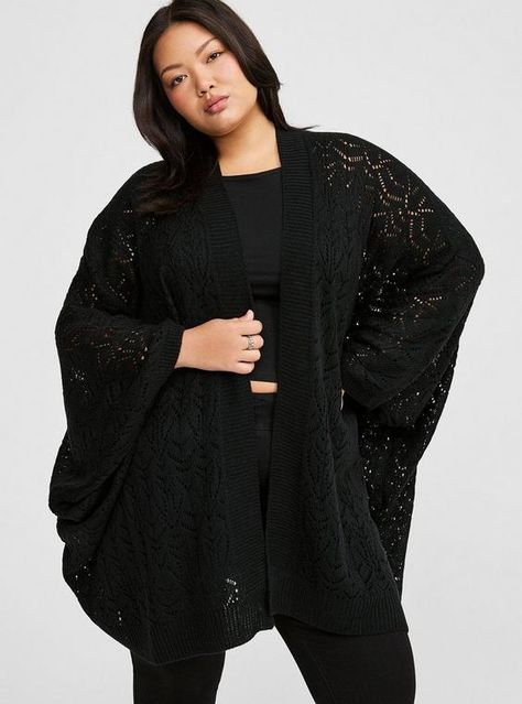 FIT Model is 5'11” wearing size 1. MATERIALS + CARE 72% polyester, 19% acrylic, 9% nylon. Machine wash cold. Dry low or line dry. Imported. DETAILS Open front. Wide sleeves. Belt detail. The best plus size women's knit dolman ruana capes ponchos & ruanas in black made of polyester. Rock your look from Torrid to Festivals like Coachella and Lollapalooza, a concert, a show, or just for fun! Torrid is your destination for cozy fall and winter clothes to keep you warm and comfortable. Alternative Teacher Outfits, Plus Size Gothic Fashion, Corporate Goth Plus Size, Plus Size Goth Outfits, Plus Size Witchy Outfits, Goth Outfits Plus Size, Plus Size Witch, Plus Size Alt Fashion, Fluffy Fashion