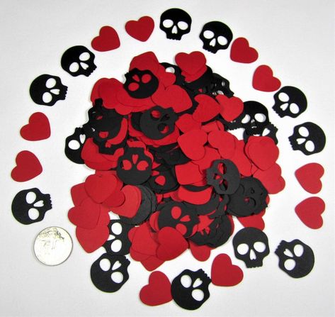 This listing includes  350pc of  Gothic birthday Red Hearts and Black Skulls confetti Table Decoration confetti or pinata confetti. Great for a gothic birthday,bridal shower,wedding runner and throwing wedding Confetti. The confetti is very small and very pretty and fun. Also,great for a gothic sweet sixteen birthday party. Can be used to embellish a party table or any craft idea too. If planning an out door party,just use a clear plastic table cover on top of the confetti. The confetti will sta Dark Red Decoration Party, Gothic Wedding Ideas Decor, Emo Night Party Decorations, Goth Sweet 16 Ideas, Goth Bday Party, Emo Birthday Party Theme, Emo Sweet 16, Goth Birthday Party Decorations, Gothic Birthday Party Decorations