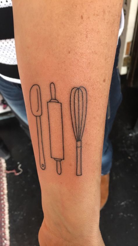 Matching Cooking Tattoos, Rolling Pin Tattoo, Culinary Tattoos For Women, Spatula Tattoo, Cooking Tattoo Ideas, Cooking Tattoos, Whisk Tattoo, Sean Tattoo, Mums Tattoo