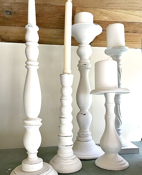 Make your own candlestick collection from what??? Chunky Candlesticks Decor, Candlestick Arrangements, Candlestick Collection, White Candle Sticks, Candle Stick Decor, Tall Candlesticks, Wooden Candle Sticks, Diy Candle Holders, Black Picture Frames