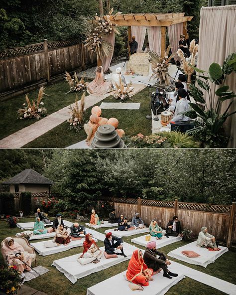 An Intimate Bohemian Themed Sikh Wedding In A Backyard Small Punjabi Wedding, Backyard Hindu Wedding, Backyard Mandap, Outdoor Sikh Wedding, Amrit Photography, Gurudwara Wedding, Sikh Wedding Decor, Vidhi Mandap, Themed Backyard