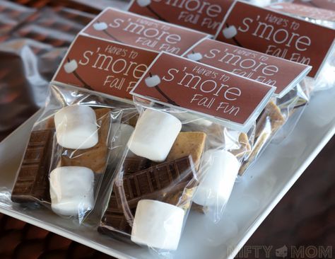 Fall S'mores Party Treat Bags with Free Printable (post includes fun s'mores party ideas) S’mores Giveaway, S’mores Packaging Ideas, Individual Smore Packs, S’mores Treat Bags, S’mores Packaging, Smore Party Ideas, Fall Resident Event Ideas, S’mores In A Bag, S’mores Goodie Bags