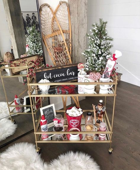 Pink Christmas Coffee Bar, Aesthetic Hot Cocoa Bar, Holiday Bar Carts, Coffe Bar Christmas Decoration, Holiday Hot Cocoa Bar, Christmas Bar Cart, Rae Dunn Christmas Coffee Bar, Holiday Bar Cart, Christmas Hot Chocolate Bar