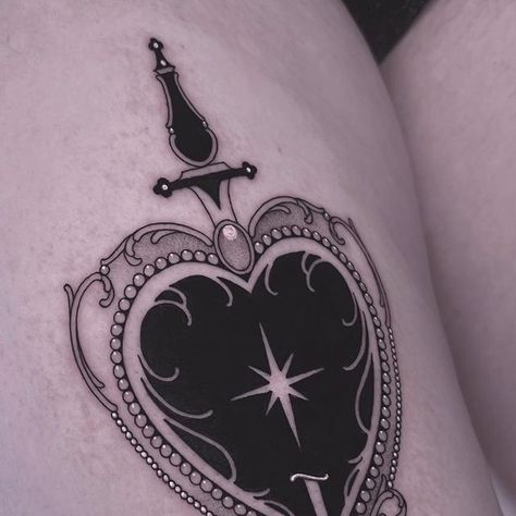 Black Work Heart Tattoo, Cover Up Designs Tattoo, Sternum Tattoo Cover Up, Small Tattoo Coverup, Romantic Goth Tattoo, Gothic Frame Tattoo, Dark Coverup Tattoo Ideas, Cover Tattoo Ideas Black, Glass Heart Tattoo