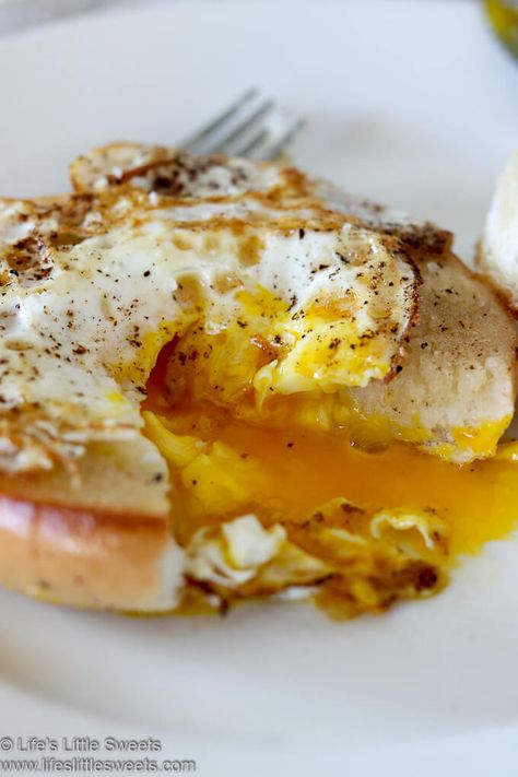 This Egg In a Hole Bagel recipe is an easy, savory breakfast or brunch idea. A simple egg in the middle of a bagel, fried on the stove top in a cast iron skillet. #breakfast #brunch #egg #eggs #bagel #egginahole #recipe Cheesy Egg Bagels, Egg Bagel Recipe, Eggs Bagel, Easy Savory Breakfast, Breakfast Bagel Recipe, Vegan Butter Substitute, Eggs In Oven, Skillet Breakfast, Egg Bagel