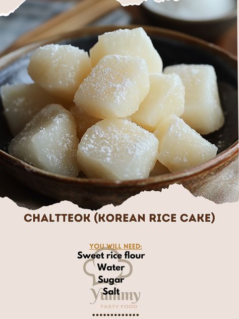 🌟 "Savor Chaltteok—Korean rice cakes that are chewy, sweet, and perfect for a delightful treat! 🍰✨ #Chaltteok #KoreanDessert" Chaltteok (Korean Rice Cake) Ingredients: Sweet rice flour (1 cup) Water (1 cup) Sugar (1/4 cup) Salt (1/4 tsp) Cornstarch (1 tbsp, for dusting) Instructions: Mix sweet rice flour, water, sugar, and salt in a bowl. Steam the mixture for 30 minutes. Let it cool, then dust with cornstarch before slicing. 🍰 "Enjoy the chewy, sweet goodness of Chaltteok—Korean rice cak... Sweet Rice Flour Recipes, Korean Rice Cakes, Sweet Rice Flour, Rice Flour Recipes, Korean Rice Cake, Rice Cake Recipes, Korean Dessert, Korean Rice, Sweet Rice