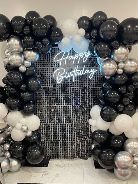 Gray And Black Birthday Theme, Gray And Black Party Decorations, Birthday Decorations Black Sliver, Black And Silver 21st Decorations, 18th Birthday Party Colour Theme, Black Silver Party Decor, Black And Chrome Party Decor, Black Silver Party Theme, 21st Birthday Black And White Theme