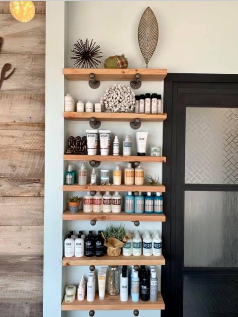 How To Decorate A Salon Suite, Salon Suite Shelving Ideas, Small Salon Retail Display Ideas, Retail Area In Salon, Hair Salon Laundry Room, Hair Studio Decor Small Spaces, Spa Shelving, Retail Shelves Salon, Salon Suite Decor Wall Shelves