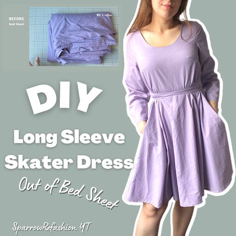 Refashion Co-op: Diy Long Sleeve Skater Dress Skater Dress Pattern Free, Skater Dress Pattern, Skater Dresses Pattern, Sparrow Refashion, Diy Thrift Flip, Long Sleeve Skater Dress, Dress Patterns Free, Thrift Flip, Clothes Sewing