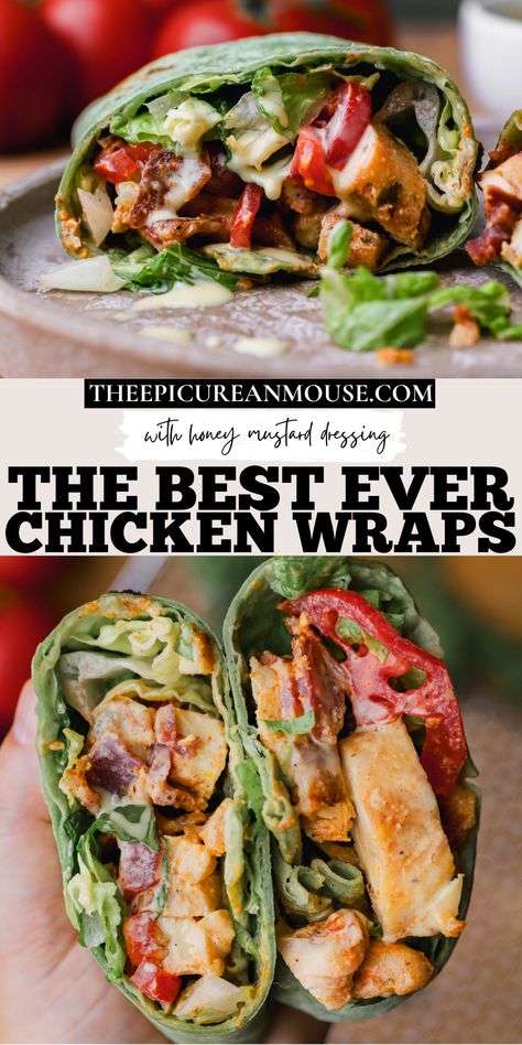 Honey mustard chicken wraps with air-fried chicken tenders, lettuce, tomato, bacon and honey mustard dressing. Summer Wraps Recipes, Honey Mustard Wrap, Honey Mustard Chicken Wrap, Folded Wraps, Easy Wraps, Veg Wraps, Homemade Wraps, Yummy Wraps, Food Mediterranean