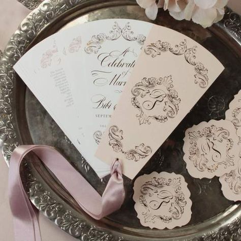 Wide range of Order of Service / Menu cards. Innovative printing and thick, finest Italian papers. Personalisation and envelopes complimentary. Gold Foil Stationery, Fan Programs, Order Of The Day Wedding, Paper Filigree, Luxury Monogram, Program Fans, Wedding Program Fans, Wedding Petals, Wedding Fans