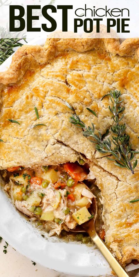 This Chicken Pot Pie is one of my husband's all-time FAVORITE reicpes!  It boasts a golden, flaky crust (never soggy!) and a rich, creamy, herb-infused filling (never bland or runny) that will leave everyone clamoring for more! #chickenpotpie #chickenrecipe #potpie #familydinner #comfortfood #chickenrecipes #shreddedchicken #rotiserriechicken #rotiserriechickenrecipe #rotisseriechickenrecipes 30 Minute Meals Chicken, Using Rotisserie Chicken, Chicken Carrots, Best Chicken Pot Pie, Homemade Chicken Pot Pie, Jo March, Carlsbad Cravings, Easy Chicken Pot Pie, Chicken Pie