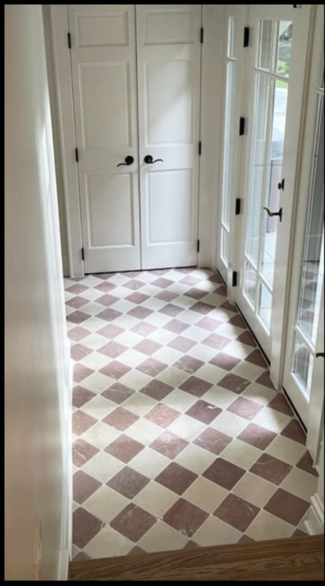 Brick Tile Entry, Checkered Hallway Floor, Parisian Floor Tile, Stone Checkered Floor, Farmhouse Checkered Floor, Kitchen Octagon Tile Floor, Check Tiles Bathroom, Boot Room Flooring, Colored Checkered Floor