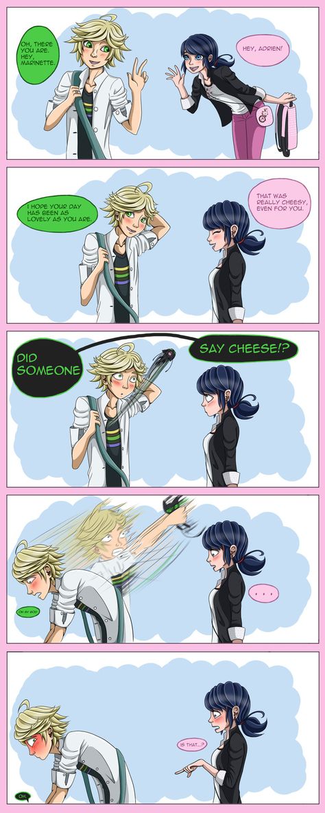 cat-puns-and-camembert: “ Just a dumb idea that I had. I don’t usually make comics buts here you go. Pre-reveal, Adrien and Marinette are getting a little more comfortable with each other and Plagg is still controlled by his stomach. Whoops. ” Adrien And Marinette, Ladybug Und Cat Noir, Mlb Comics, Marinette Et Adrien, Dj Art, Cat Puns, Ladybug And Cat Noir, Miraculous Ladybug Oc, Miraculous Wallpaper