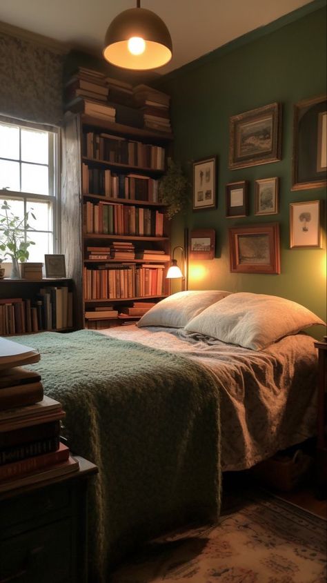 Cozy Library Bedroom, Little Women Bedroom Aesthetic, Cozy Bedroom Bookshelves, Book Filled Bedroom, Cozy Cottage Apartment, Safe House Aesthetic, Cozy Reading Nook Ideas For Bedrooms, Booklover Bedroom, Cozy Bookish Bedroom