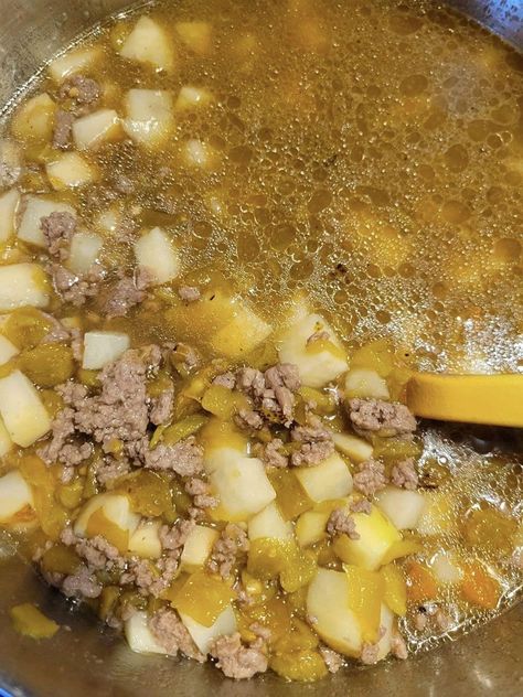 Stew With Ground Beef, Green Chili Soup, Soft Potatoes, Green Chili Stew, Beef Recipes Mexican, Creamy Beans, Green Chili Pork, Green Chile Stew, Green Chile Recipes