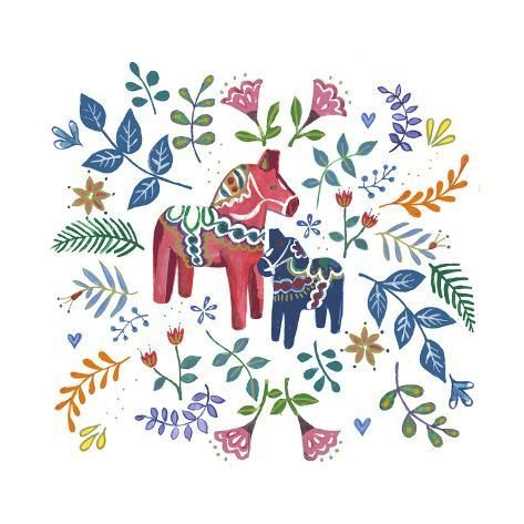 size: 24x24in Giclee Print: Swedish Dala Horse by Elizabeth Rider : Swedish Dala Horse, Rider Art, Folk Art Flowers, Doodle Icon, Horse Tattoo, Dala Horse, Scandinavian Folk Art, Giclee Painting, Farmhouse Art