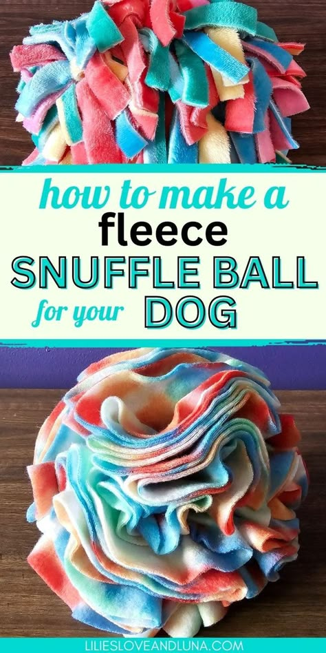 Pin image of two snuffle balls with a text overlay that reads how to makw a fleece snuffle ball for your dog. Diy Puppy Toys, Dog Snuffle Ball, Dog Toys Diy Homemade, Snuffle Ball, Homemade Dog Toys, Dogs Diy Projects, Small Dog Toys, Diy Pet Toys, Diy Dog Toys