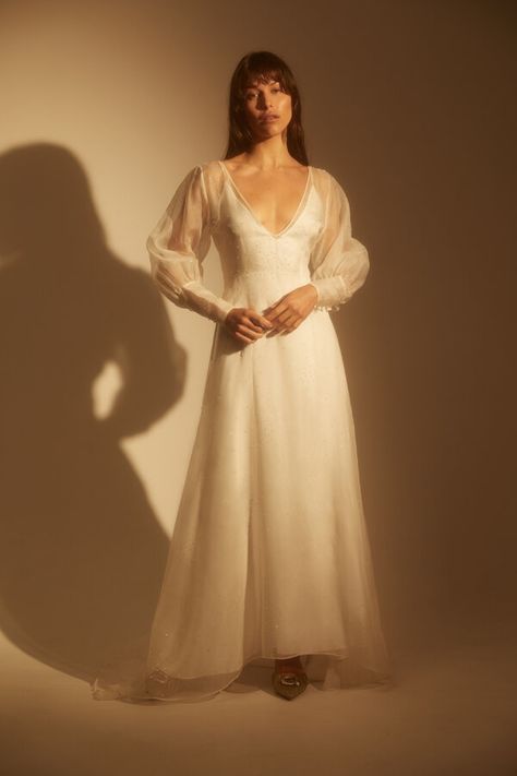 Long Sleeved V-neck Sheer Gown | Piece 34 | L'ETO BRIDAL Summer Wedding Dress Sleeves, Long Sleeve Wedding Dress Flowy, Farmland Wedding, Sheer Sleeve Wedding Dress, Unusual Wedding Dress, Wedding Dress Sheer, Unusual Wedding Dresses, Embroidered Wedding Gown, Edwardian Wedding