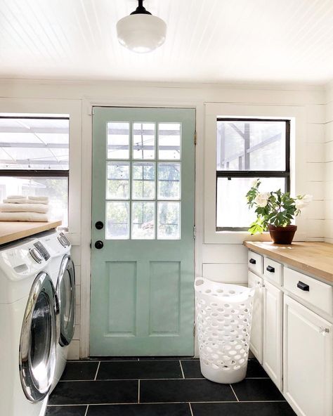 Farmhouse Tour Friday (vol. 13) - Rooms For Rent blog Laundry Room Storage Shelves, Small Laundry Room Organization, Room Storage Diy, Laundry Room Doors, Trending Paint Colors, Laundry Room Cabinets, Vintage Laundry, Small Laundry Room, Laundry Room Storage