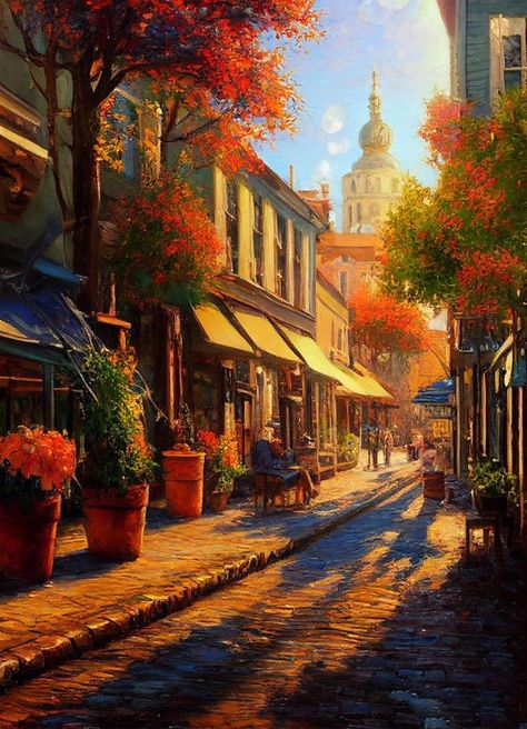 Simple Nature Painting: A Journey of Creativity Autumn Impressionist Painting, Cozy Fall Paintings, City Digital Art Tutorial, Old City Painting, Impressionist Digital Art, Old City Drawing, City Landscape Illustration, Autumn Digital Art, Season Wallpapers