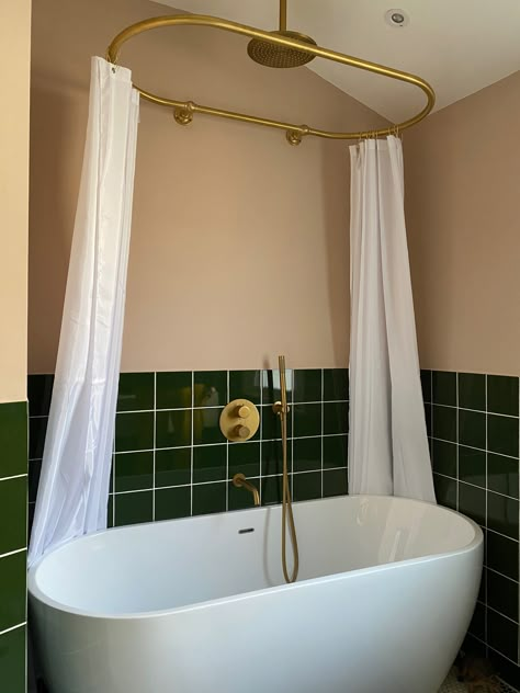 Family bathroom SE23 – Hello Flora Shower In Freestanding Bath, Shower Curtain Around Tub, Overhead Shower Bathtub, Free Standing Tub Curtain, Shower Curtain Over Bath, Freestanding Bath And Shower Combo, Standing Tub With Shower Head, Shower Curtain Rail Ideas, Free Standing Bath And Shower Combo