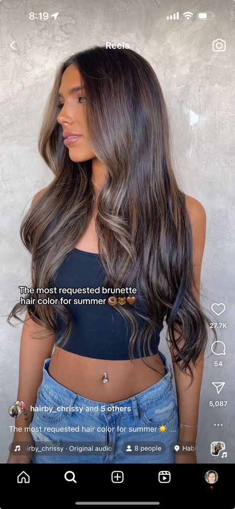 Brownie Batter Highlights, Brownie Batter Brown Hair, Balayage Brownie Batter, Brownie Batter Balayage, Beige Balayage On Dark Hair, Brown With Blue Highlights, Brownie Batter Hair, Brownie Batter Hair Color, Fair Skin Dark Hair