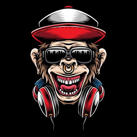 Monkey head with headphone Premium Vecto... | Premium Vector #Freepik #vector #music #character #cartoon #animal Urban Monkey Logo, Headphones Doodle, Hiphop Logo, Monkey With Headphones, Urban Monkey, Monkey Logo Design, Monkey Smiling, Fly Drawing, Pitbull Tattoo