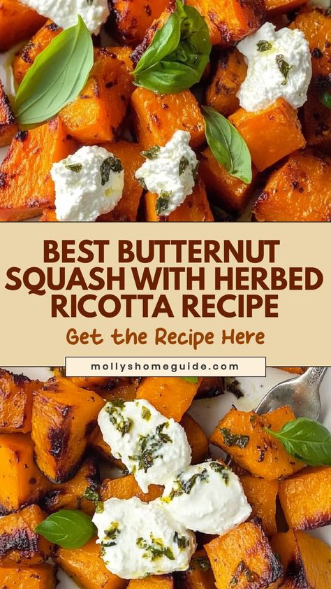 Indulge in the rich flavors of fall with this delicious recipe featuring butternut squash with herbed ricotta. Roasted to perfection, the sweet and nutty taste of butternut squash pairs beautifully with creamy herbed ricotta cheese. This dish is not only a feast for your taste buds but also a visually stunning addition to your table. Whether you're hosting a dinner party or simply looking for a comforting meal, this flavorful combination is sure to impress. Butternut Squash With Herbed Ricotta, Roasted Butternut Squash With Herbed Ricotta, Ricotta Butternut Squash, Butternut Squash And Ricotta Recipes, Butternut Squash Roll Ups, Butternut Squash Side Dish Recipes, Butternut Dishes, Ricotta Squash, Thanksgiving Butternut Squash