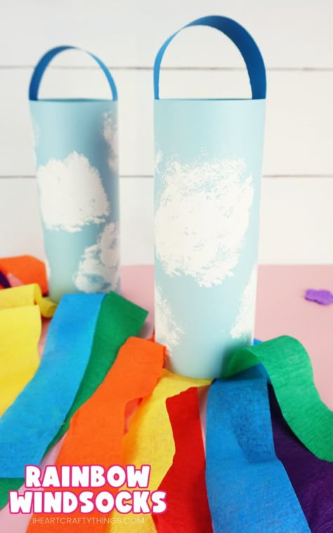 Rainbow Windsocks Craft - I Heart Crafty Things Easy Spring Kids Crafts, Windsock Craft Preschool, March Winds Crafts Kids, Wind Socks Diy Craft Ideas, Windy Crafts For Preschoolers, Windsocks Diy How To Make, Rainboot Craft, Wind Socks For Kids Crafts, Wind Crafts For Kids