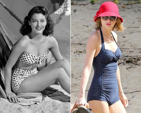 From the mid-1800s to present day, follow the timeline to see how swimsuits have evovled. Retro Swimsuit, Swimwear Trends, Swimsuit Models, Present Day, Summer Of Love, Fashion Sunglasses, Fashion Item, Tankini, Bathing Suits