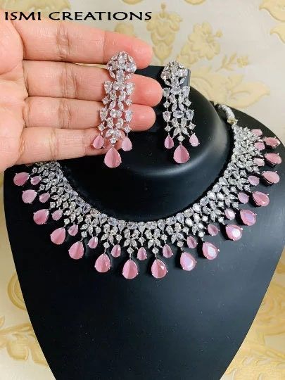 Pink Jewelry Set, Engagement Necklaces, American Diamond Necklaces, Jewelry Set Design, Bridal Choker, Diamonds Necklace, Bridal Fashion Jewelry, Indian Jewelry Sets, Pink Bridal