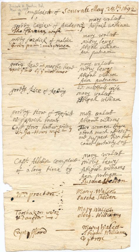 The majority of the artifacts that I have found from The Salem Witch Trials were the documents surrounding the year-long event. One document in particular, is interesting because it is a list of all the major figures of the trials which happened in May of 1962, which was in the midst of the event. It is a list of all the accused and all of the accuses. This document is currently house in the Boston Public Library which they keep in the rare documents section and which was acquired in 1939. Salem Witches, The Salem Witch Trials, Historical Nonfiction, Salem Mass, Witch History, Nights In White Satin, Be At Peace, Traditional Witchcraft, Salem Witch Trials