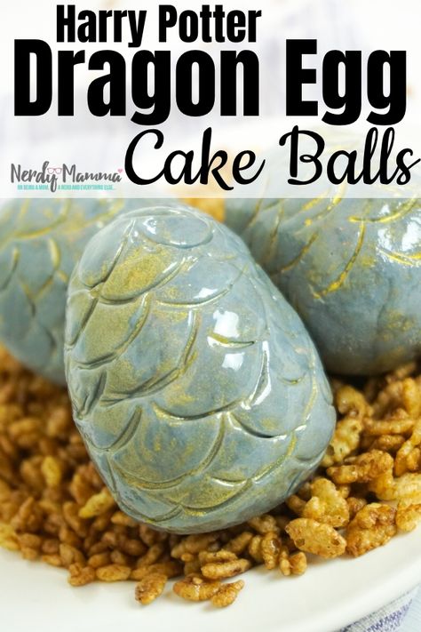 My kiddo asked for a dinosaur and dragon egg nest for her birthday party. How could I not deliver?! So I made these amazing Harry Potter Dragon Egg Cake Balls! #harrypotter #got #dragonegg #draton #cakeball #cake #cakedecorating #nerdymammablog Dragon Egg Cupcakes, Dragon Egg Cake, Dragon Snacks, Camp Desserts, Got Dragon Eggs, Dayhome Ideas, Game Of Thrones Food, Game Of Thrones Khaleesi, Harry Potter Dragon