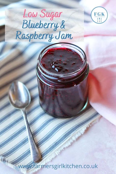 Low Sugar Blueberry & Raspberry Jam is a delicious fruity spread made with fresh or frozen blueberries and raspberries. It has two-thirds less sugar than traditional jams and jellies and is easy to make in a small batch. Raspberry Freezer Jam Recipe Low Sugar, Making Jam With Frozen Berries, Low Sugar Raspberry Jam Recipe Canning, Raspberry Jam With Frozen Raspberries, Low Sugar Jam Recipes, Raspberry Freezer Jam, Blueberry Jam Recipe, Low Sugar Jam, Ginger Jam