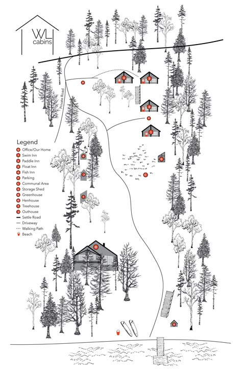 White Lake Cabin Map on Behance Wedding Map Illustration, Oxford Map, Map Art Illustration, Site Maps, Legend Logo, Cabin Resort, Map Sketch, Mental Map, Flourish Design