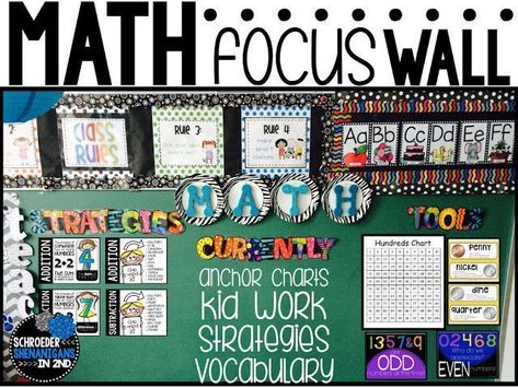 A simple way, yet functional way to organize and display your math focus wall in your classroom  by strategies, what you're currently teaching which is where you can add anchor charts and vocabulary from the week, and a section for you to hang tools that Math Focus Walls, Math Wall, Math Anchor Charts, Math Education, Focus Wall, Math Journals, Math Notebooks, Math Fractions, Ten Frames