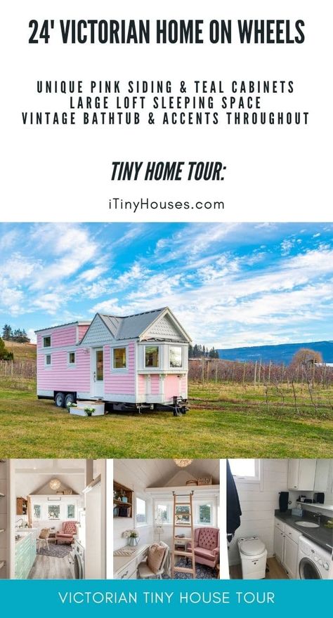 Feed your need for modern and vintage with this 24' pink Victorian-style tiny home on wheels. Complete with window seats and clawfoot bath! A stunning tiny home for sale, this one loft bedroom home includes tons of room for the artist to get creative! Mini Home On Wheels, Tiny House Pink, Victorian Style Tiny House, Victorian Tiny House, Mobile Home Exteriors, Vintage Bathtub, Tiny Home On Wheels, Claw Foot Bath, Pink Victorian