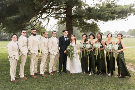 Groomsmen Attire Beige And Green, Green Bridesmaid Groomsmen, Olive Green Bridesmaid Dress With Groomsmen, Green And Tan Groomsmen, Tan Groomsmen Suits With Green Bridesmaids, Olive Green And Tan Wedding Party, Olive Green Bridal Party Groomsmen, Black Bridesmaid Dresses Tan Groomsmen, Olive Bridal Party